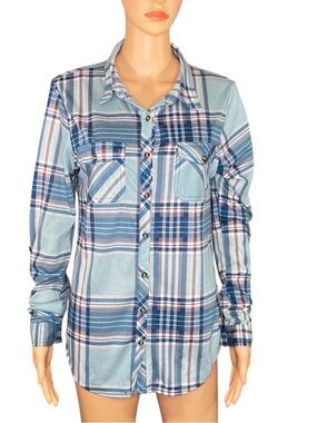 Day Trip Flannel Button Down Convertible button Sleeve Tabs Pool Blue Plum SZ Lg